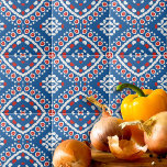 Azure Blue Red en White Ethnic Bohemian Pattern Tegeltje<br><div class="desc">Een trillend decoratief tegel met een naadloos patroon,  bestaande uit geometrische vormen in blauw,  rood en wit.</div>
