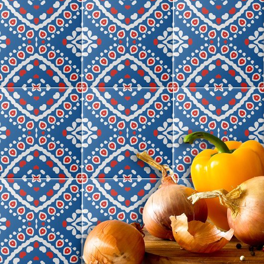 Azure Blue Red en White Ethnic Bohemian Pattern Tegeltje
