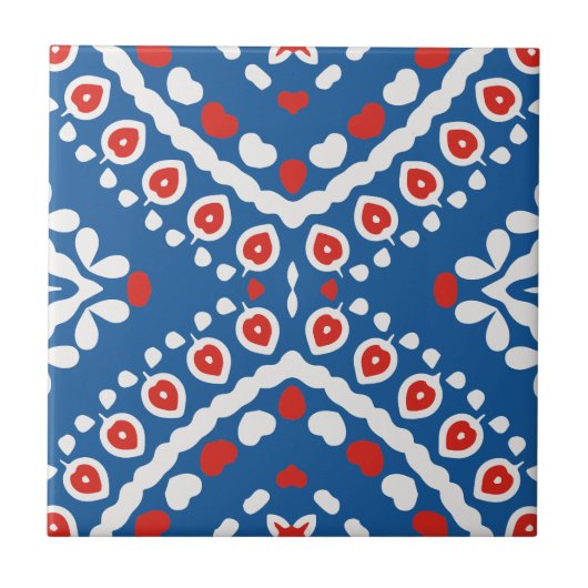 Azure Blue Red en White Ethnic Bohemian Pattern Tegeltje (Voorkant)