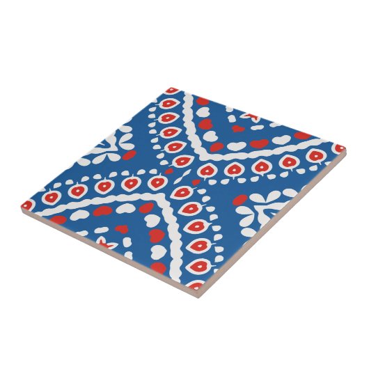 Azure Blue Red en White Ethnic Bohemian Pattern Tegeltje (Zijkant)