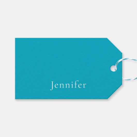 Azure Blue Trendy Moderne Minimalistische Naam Cadeaulabel (Voorkant (Horizontaal))