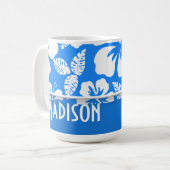 Azure Blue Tropical Hibiscus; Gepersonaliseerd Koffiemok (Voorkant links)