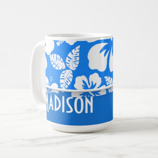 Azure Blue Tropical Hibiscus; Gepersonaliseerd Koffiemok (Voorkant links)