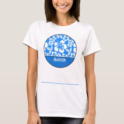 Azure Blue Tropical Hibiscus; gepersonaliseerd T-shirt (Voorkant)