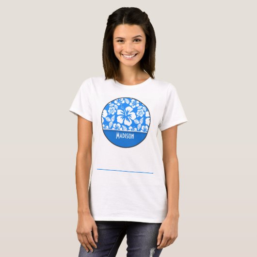 Azure Blue Tropical Hibiscus; gepersonaliseerd T-shirt (Voorkant volledig)