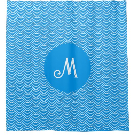Azure Blue Wave Pattern Monogrammed Douchegordijn (Voorkant)
