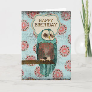 Azure & Blush Owl Verjaardag Kaart