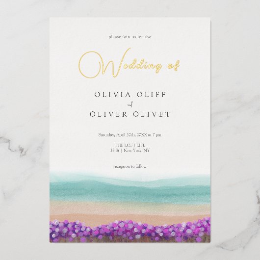 Azure Coast in Bloom Wedding Folie Uitnodiging (Voorkant)