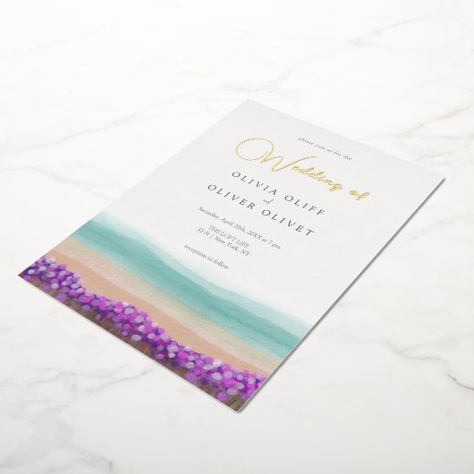 Azure Coast in Bloom Wedding Folie Uitnodiging (Gedraaid)