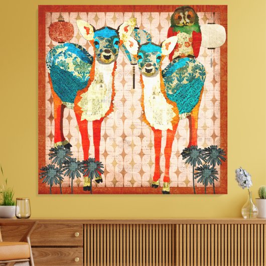 Azure Deer & Roos Uil Fiesta Canvas Art (Insitu (Woonkamer))