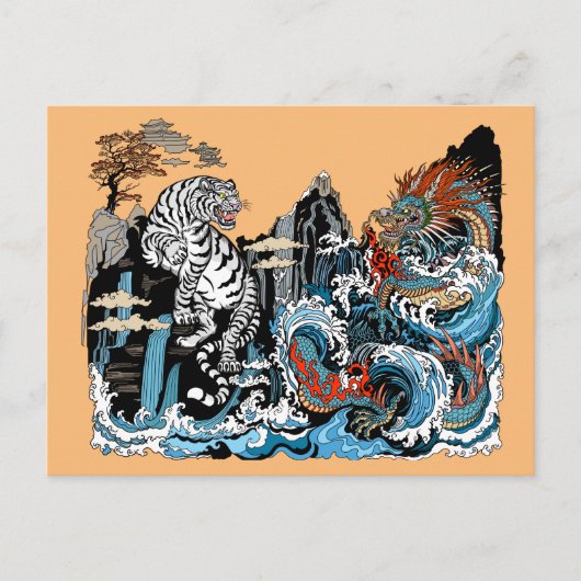 Azure Dragon en White Tiger. Illustratie Briefkaart (Voorkant)