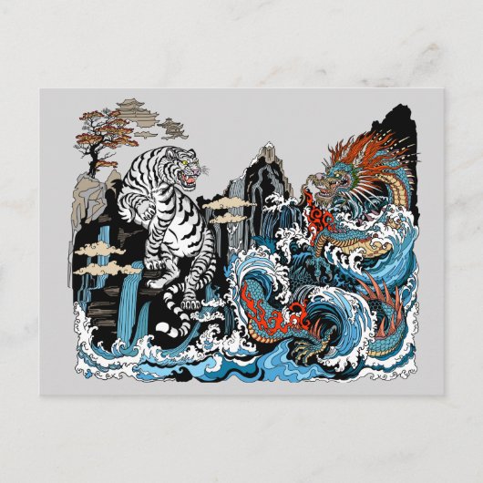 Azure Dragon en White Tiger. Illustratie Briefkaart (Voorkant)