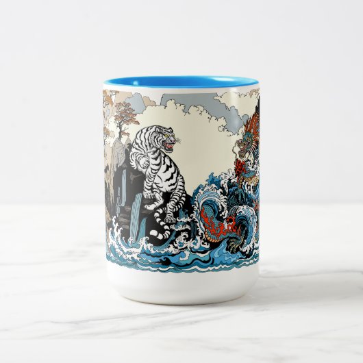 Azure Dragon en White Tiger. Illustratie Tweekleurige Koffiemok (Center)