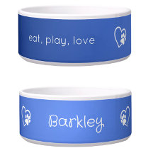 Azure 'eat play love' Dog Name Bowl