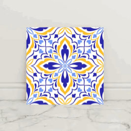 Azure Elegance Blue and Gold Floral Mosaic Tegeltje