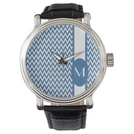Azure Elegant Chevron Design met monogram Horloge