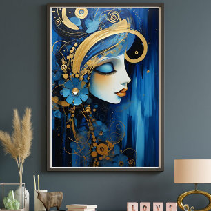 Azure Empress – Blauwe en Gouden Art Deco Vrouw Canvas Afdruk