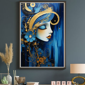 Azure Empress – Blauwe en Gouden Art Deco Vrouw Canvas Afdruk