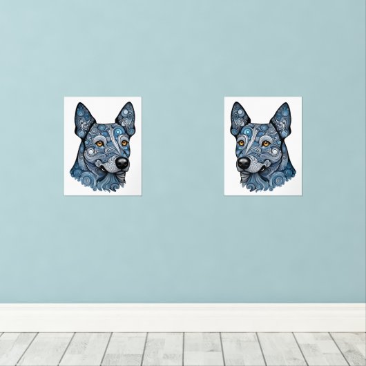 Azure en Indigo de Blue Heeler Twins Muurkunst Sets (Houten vloer)