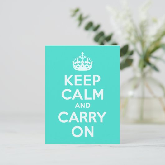 Azure en Turquoise Keep Calm en Carry On Briefkaart (Staand voorkant)