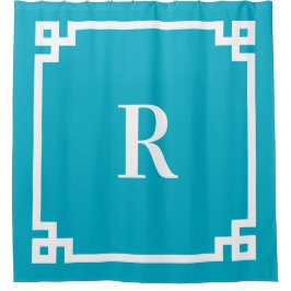 Azure en White Greek Key Eenvoudig Monogram Douchegordijn