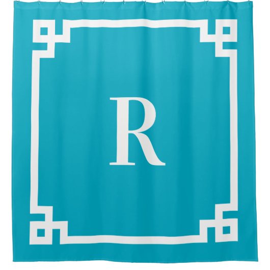 Azure en White Greek Key Eenvoudig Monogram Douchegordijn (Voorkant)