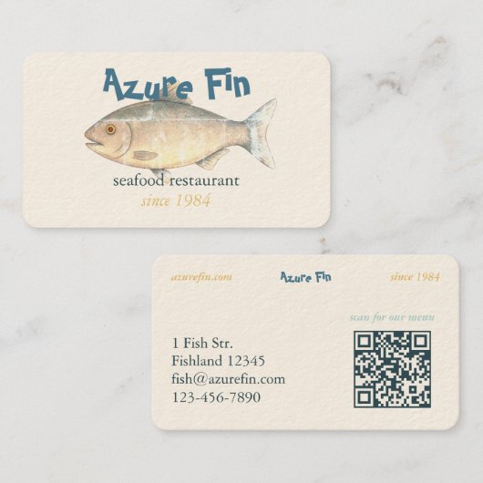 Azure Fin Classic Fish Restaurant QR-code Visitekaartje (Voorkant / Achterkant)