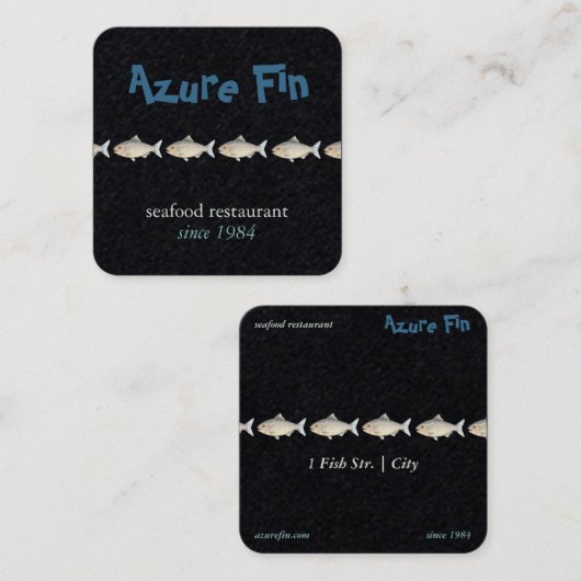 Azure Fin Elegant Black Coastal Seafood Restaurant Vierkante Visitekaartje (Voorkant / Achterkant)