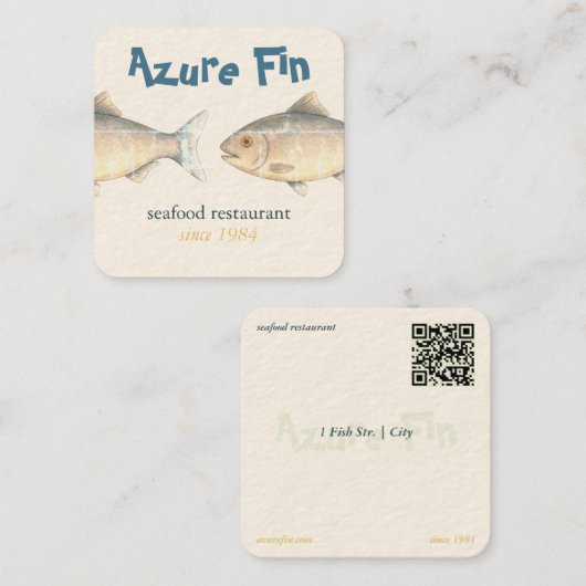 Azure Fin Elegant Fish Restaurant Logo Vierkante Visitekaartje (Voorkant / Achterkant)
