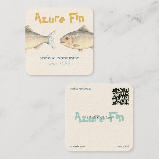 Azure Fin Elegant Fish Restaurant Logo Vierkante Visitekaartje (Voorkant / Achterkant)