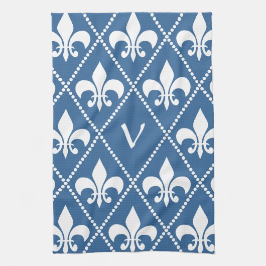 Azure Fleur de Lis met initiaal voor monogram Theedoek (Verticaal)