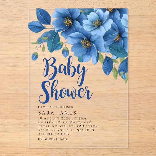 Azure Floral Acrylic Baby Shower Invitation Acryl Uitnodigingen (Voorkant)