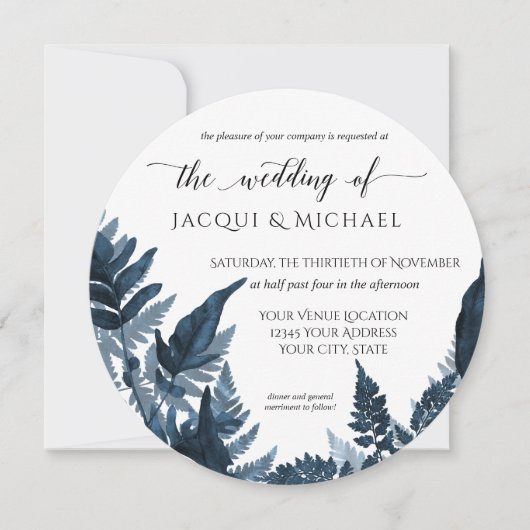 Azure Forest Fern Foliage Waterverf Wedding Round Kaart (Voorkant)