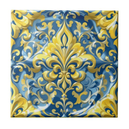 Azure Gold Damask Tegeltje (Voorkant)