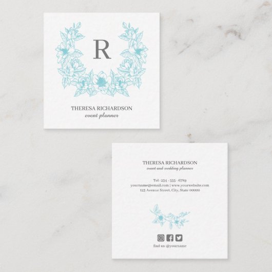 Azure Magnolia Wreath Monogram social media Vierkante Visitekaartje (Voorkant / Achterkant)