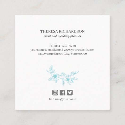 Azure Magnolia Wreath Monogram social media Vierkante Visitekaartje (Achterkant)