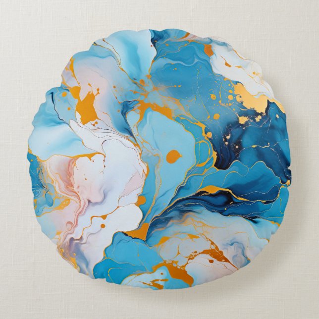 Azure Marble with Golden Splashes Rond Kussen (Voorkant)