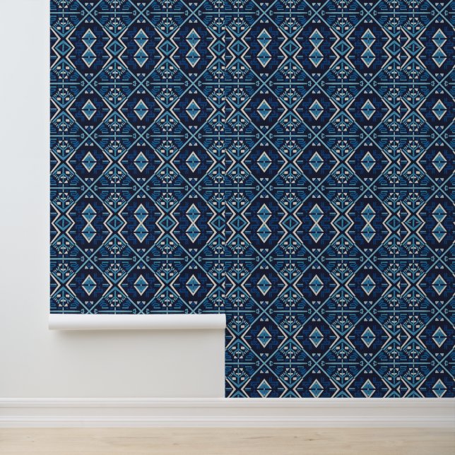 Azure Moroccan Zellij Geometric Textured  Behang (Applicatie)