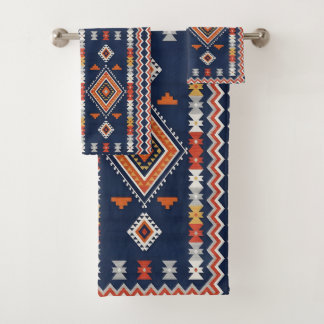 Azure Navy and Terracotta Geometric Tribal Bad Handdoek