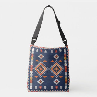 Azure Navy and Terracotta Geometric Tribal Crossbody Tas