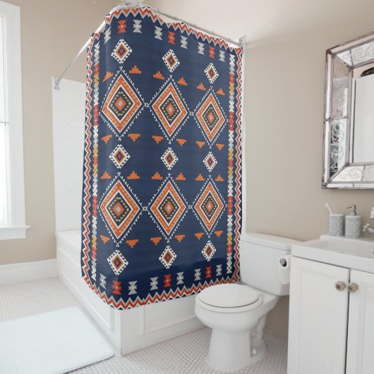 Azure Navy and Terracotta Geometric Tribal Douchegordijn (In situ)