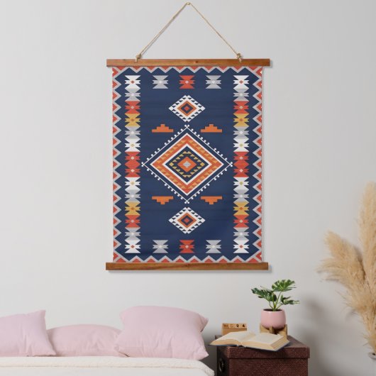 Azure Navy and Terracotta Geometric Tribal Hangend Wandkleed (Slaapkamer)