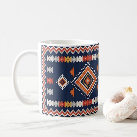 Azure Navy and Terracotta Geometric Tribal Koffiemok (Met donut)