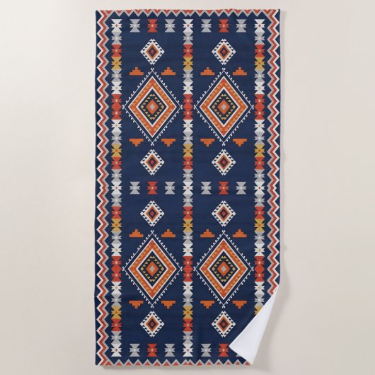 Azure Navy and Terracotta Geometric Tribal Strandlaken (Voorkant)