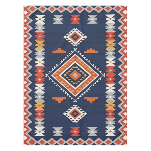 Azure Navy and Terracotta Geometric Tribal Tafelkleed (Voorkant)