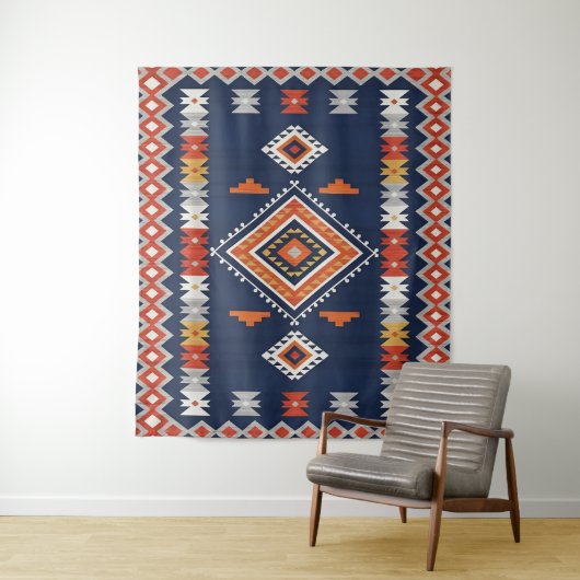 Azure Navy and Terracotta Geometric Tribal Wandkleed (In situ)