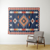 Azure Navy and Terracotta Geometric Tribal Wandkleed (In Situ (horizontaal))