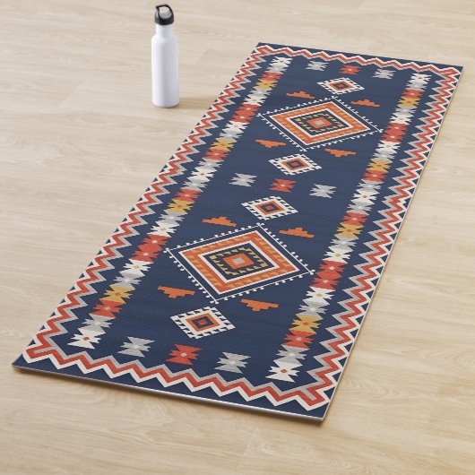 Azure Navy and Terracotta Geometric Tribal Yogamat (In situ)