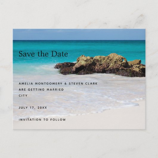 Azure Ocean Sandy Beach Fotobruiloft Aankondigingskaart (Voorkant)