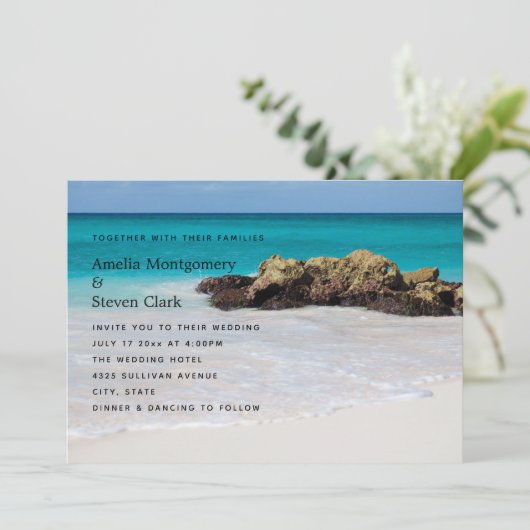 Azure Ocean Sandy Beach Fotobruiloft Kaart (Staand voorkant)